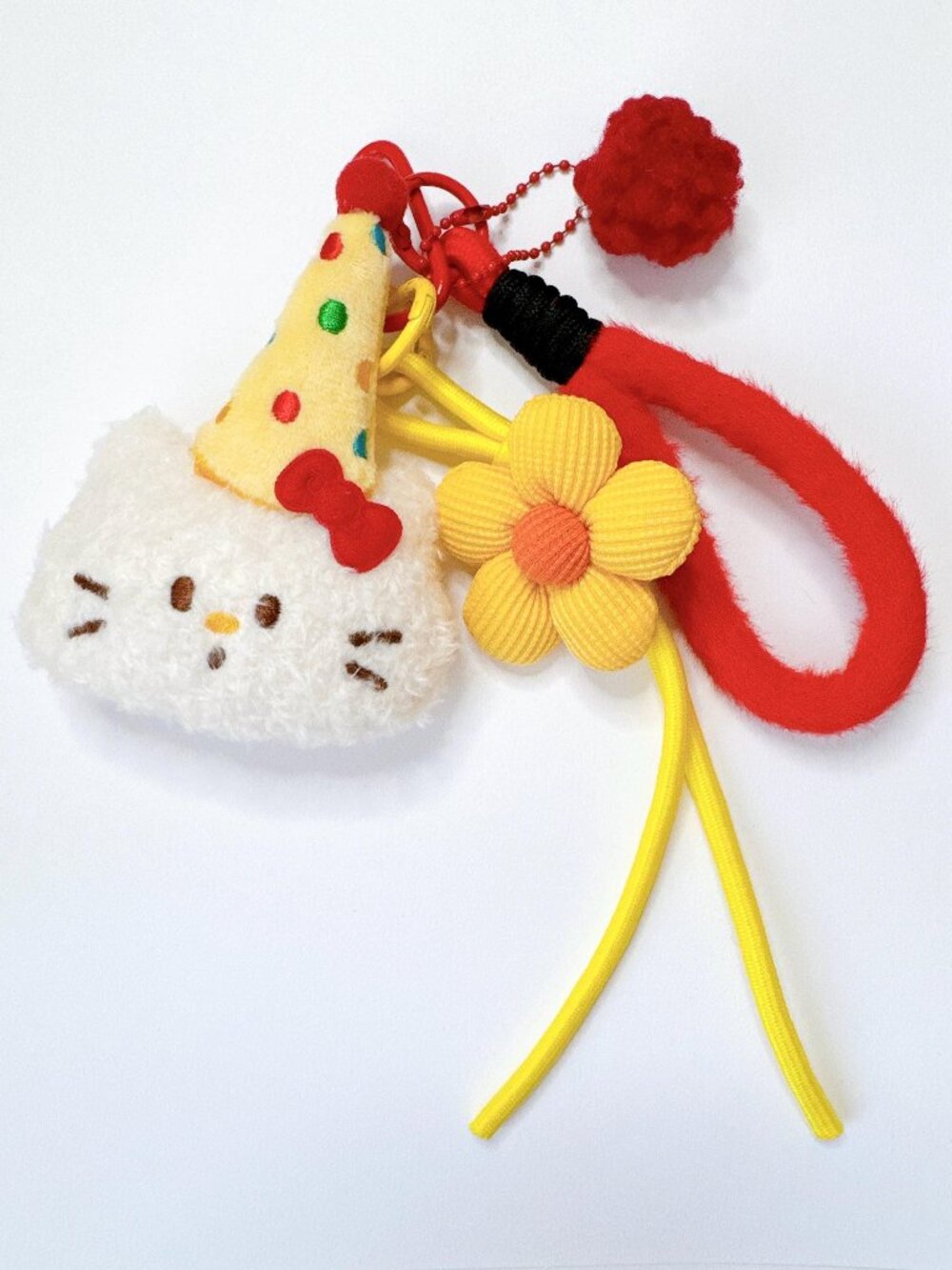 Birthday Cat Plush Keychain | Kawaii Kitten Charm with Flower, Party Hat Strap